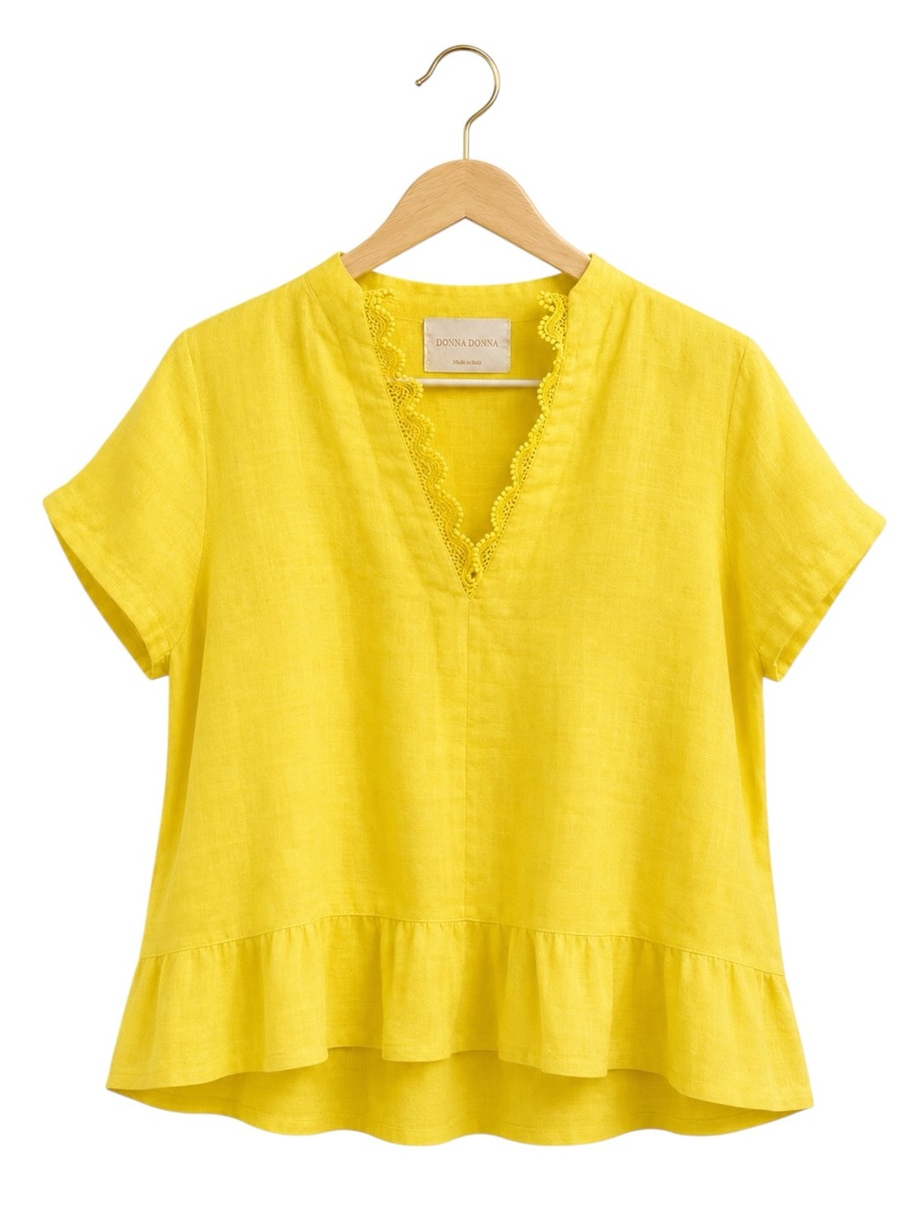 100% Linen Peplum Blouse Crochet Trim‎ Lemon Yellow  S/M Donna Donna Italy